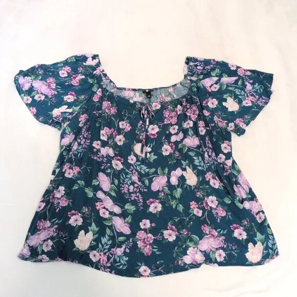 Torrid Teal Floral Peasant‎ Blouse, Plus Size 3X - Picture 2 of 7